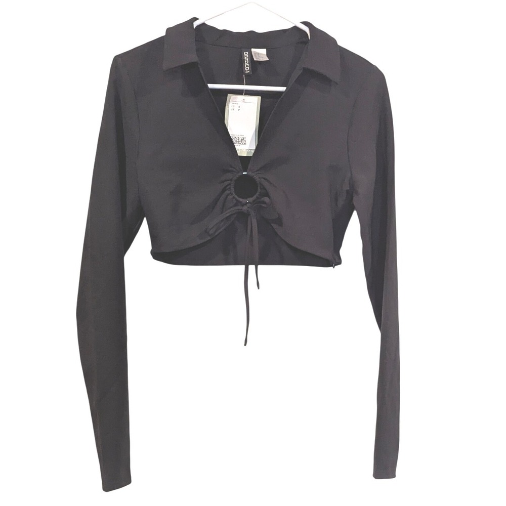 H&M Divided Black Long Sleeve Crop Top Ring Detail Collared Shirt‎ Size Small